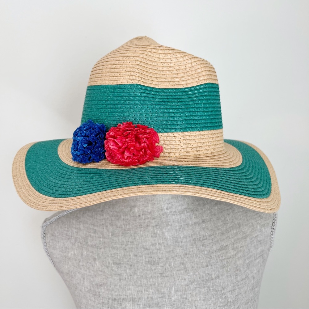 Sun Hat Pom Pom Stripe Teal Tan One Size